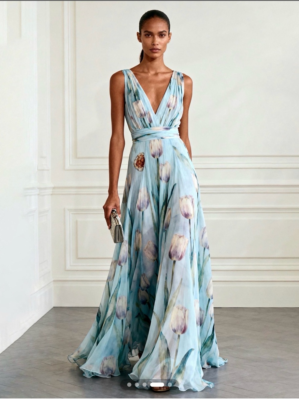 Light Blue Tulip-Print V-Neck Maxi Dress- Evening Dress